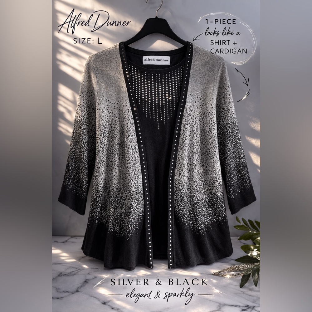 Alfred Dunner L Black Silver Metallic 2fer Open Cardigan Illusion Top
